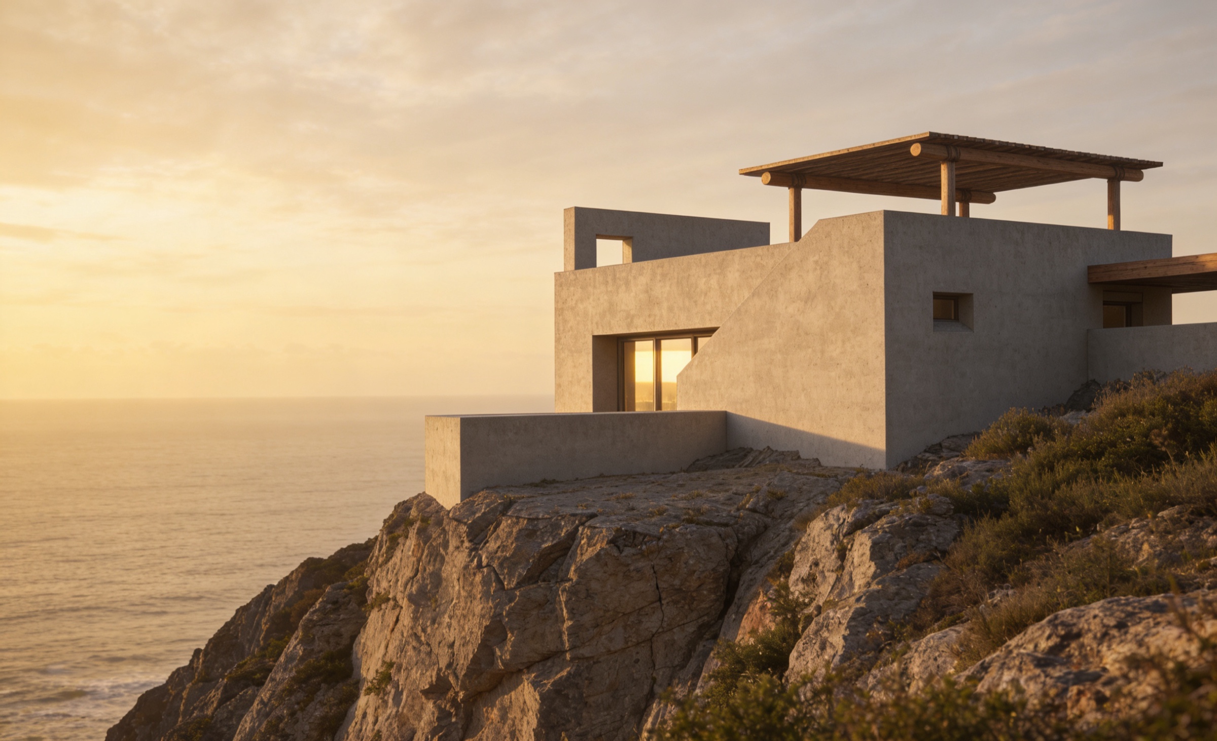 Photorealistic architectural render of a cliff house at golden hour